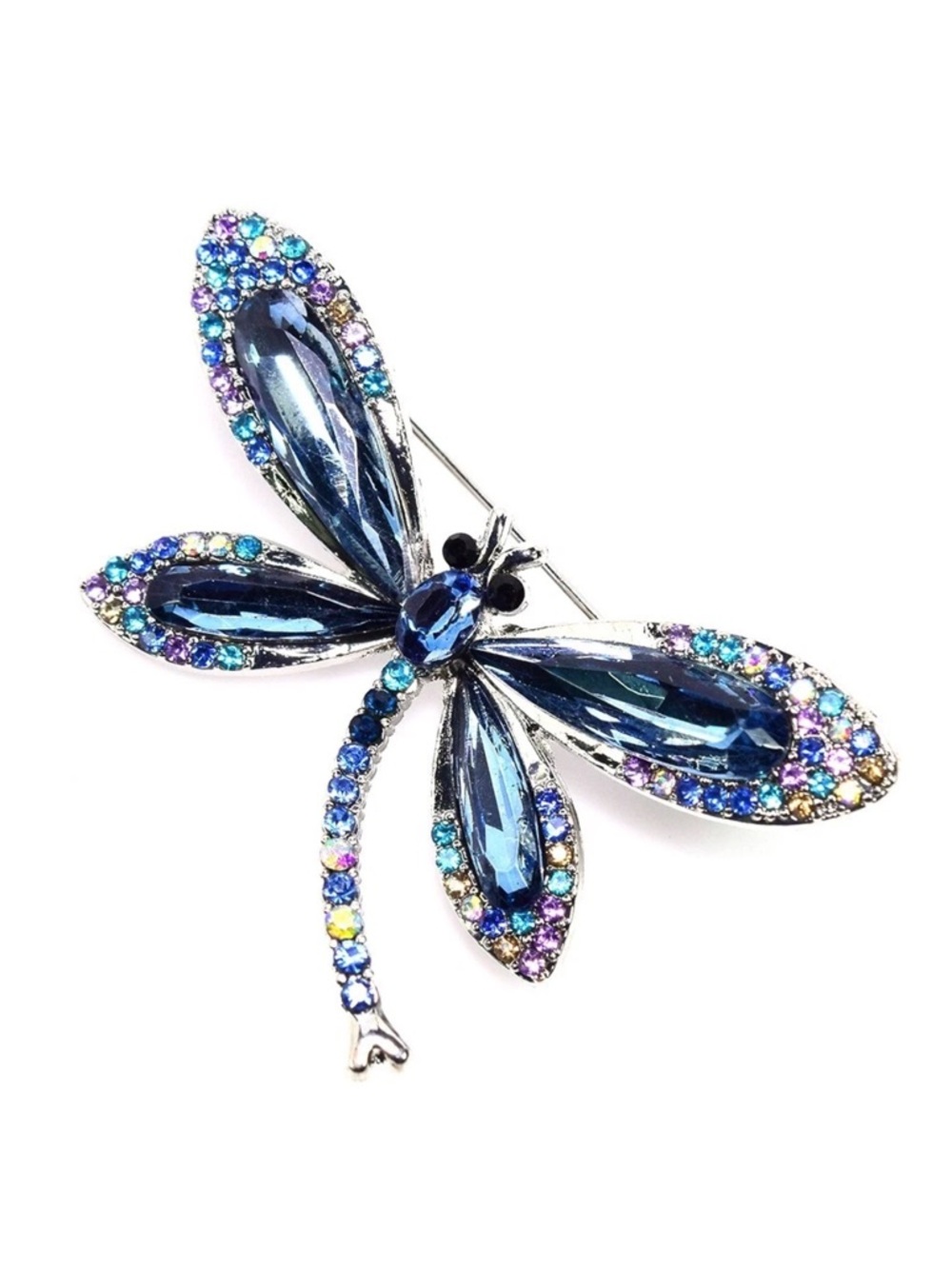 AAA Multi Color Crystal pear & round cut Dragonfly Brooch 14K White Gold overlay